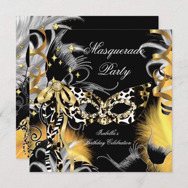 Masquerade Party Birthday Wild Mask Black Gold 3 Invitation (Front/Back)