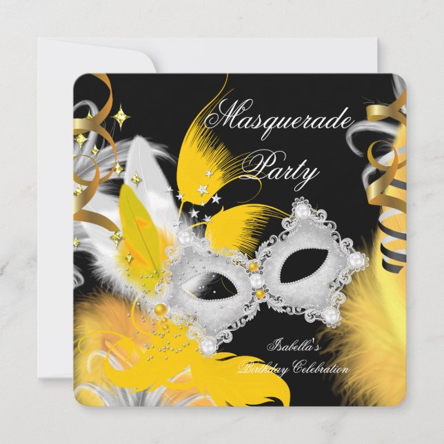 Masquerade Party Birthday Yellow Mask White Black Invitation (Front)