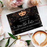Masquerade party black gold glitter save the date announcement postcard<br><div class="desc">A girly and trendy Save the Date card for a 50th (or any age) birthday masquerade party. A classic black background decorated with faux gold glitter dust and a masquerade mask. Personalize and add a date and name/age. The text: Save the Date is written with a large trendy hand lettered...</div>