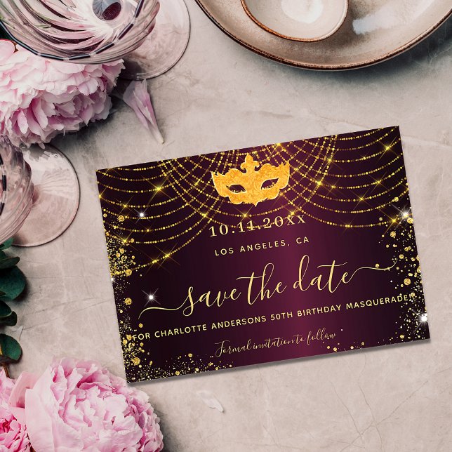 Masquerade party burgundy gold glitter sparkles save the date (Creator Uploaded)