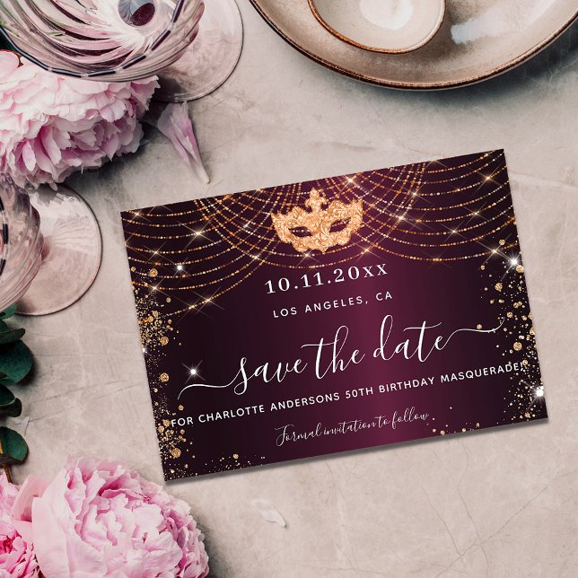 Masquerade party burgundy gold glitter sparkles save the date (Creator Uploaded)