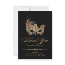 Masquerade Party Chic Gold Flat Thank You Card