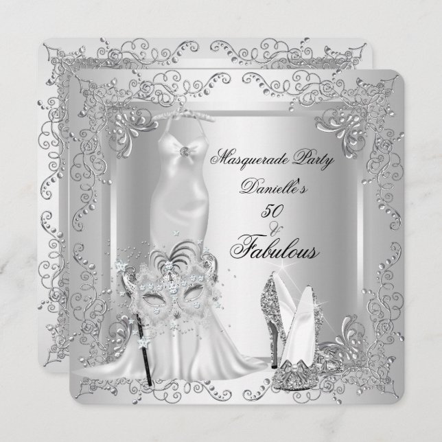 Masquerade Party Fabulous 50 Birthday Silver 2 Invitation (Front/Back)