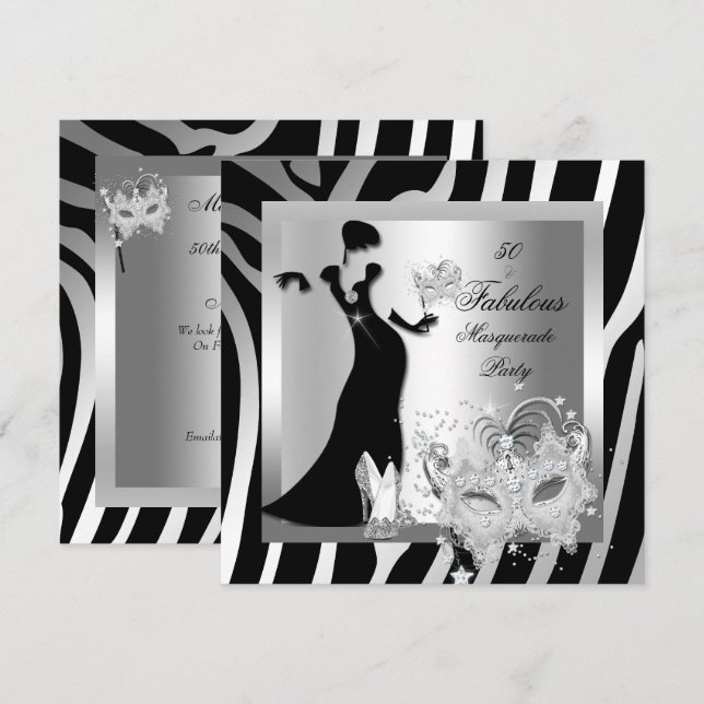 Masquerade Party Fabulous 50 Zebra Silver Invitation (Front/Back)