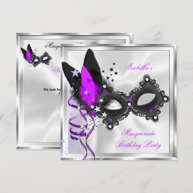 Masquerade Party Glitter Purple Silver Black Mask Invitation (Front/Back)