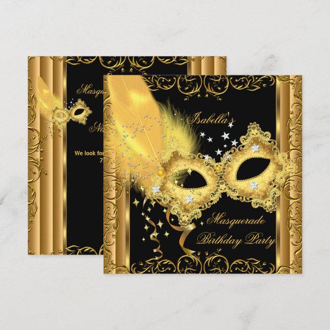 Masquerade Party Gold Black Yellow Mask Invitation (Front/Back)