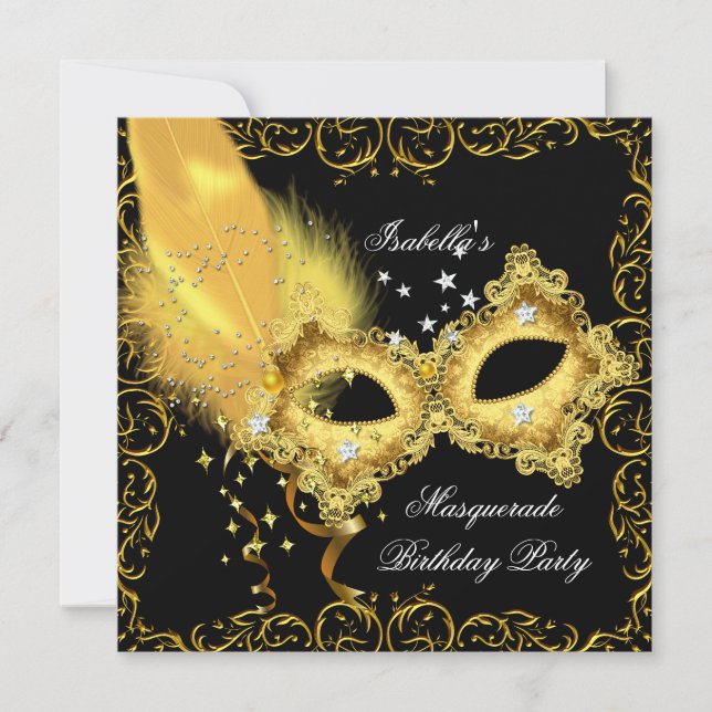 Masquerade Party Gold Black Yellow Mask Invitation (Front)