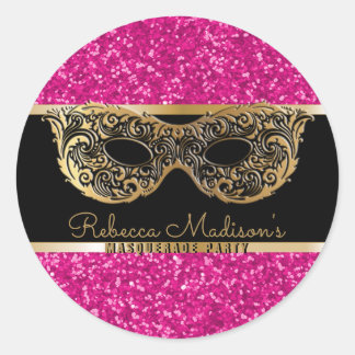 Masquerade Party Gold Pink Glitter Birthday Classic Round Sticker