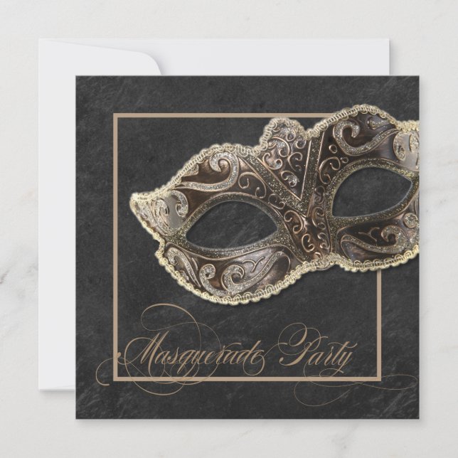 Masquerade Party Invitation - Bronze, gold & black (Front)