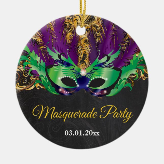 Masquerade Party Magical Night Green Purple Gold Ceramic Ornament (Front)