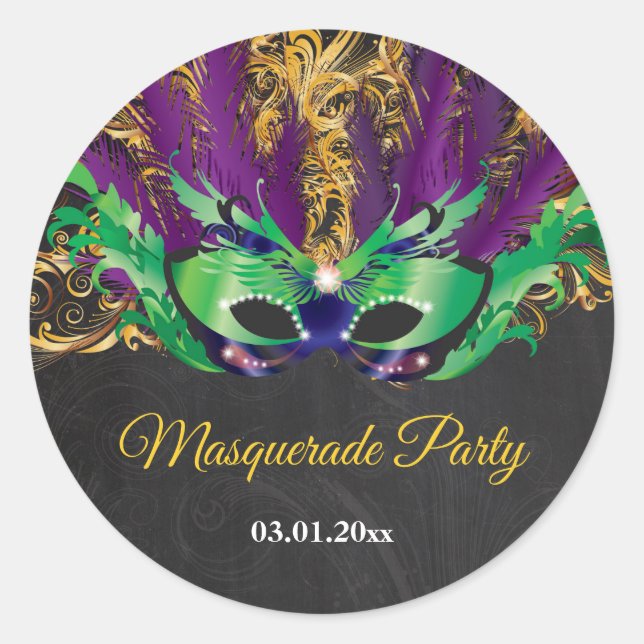 Masquerade Party Magical Night Green Purple Gold Classic Round Sticker (Front)