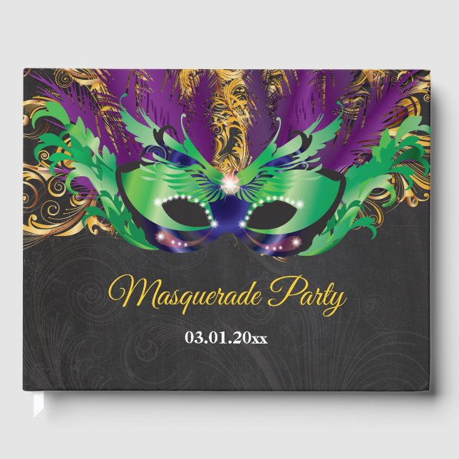 Masquerade Party Magical Night Green Purple Gold Guest Book (Front)