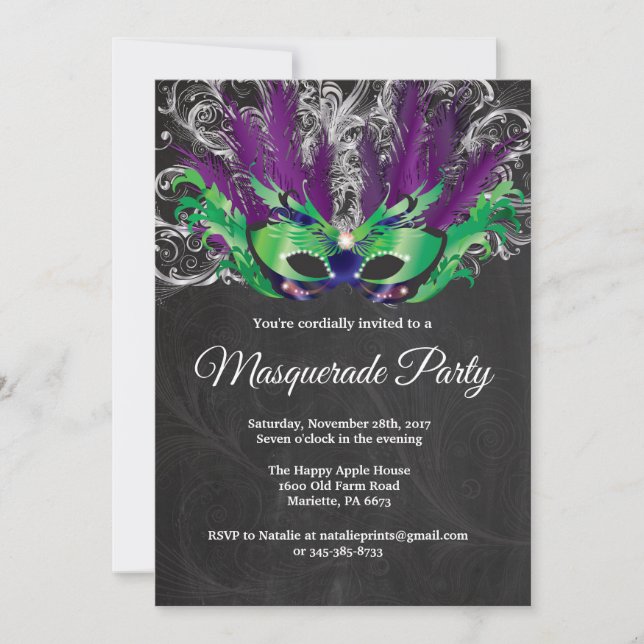 Masquerade Party Magical Night Green Purple Silver Invitation (Front)