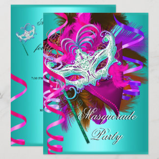 Masquerade Party Mask Teal Pink Metallic Invitation