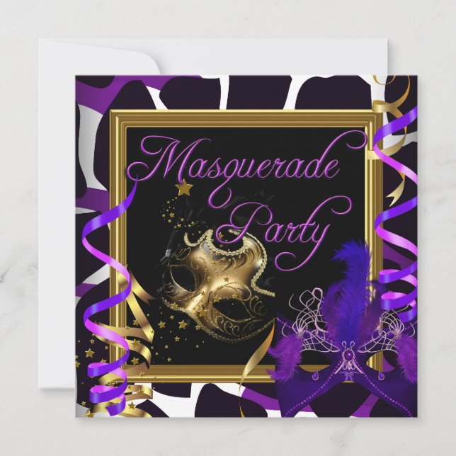 Masquerade Party Masks Wild Gold Purple Invitation (Front)