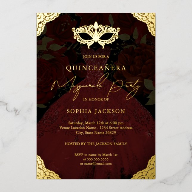 Masquerade Party Red Gold Mask Dress Quinceanera (Front)