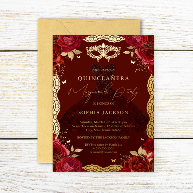Masquerade Party Red Gold Rose Dress Quinceanera (Creator Uploaded)