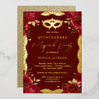 Masquerade Party Red Gold Rose Lace Quinceanera 