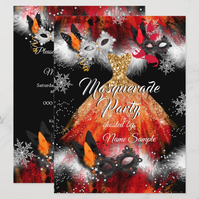 Masquerade Party Red Orange Masks Ice Fire Invitation (Front/Back)