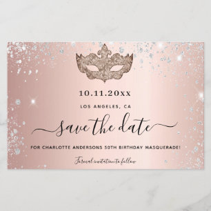 Masquerade party rose gold save the date card