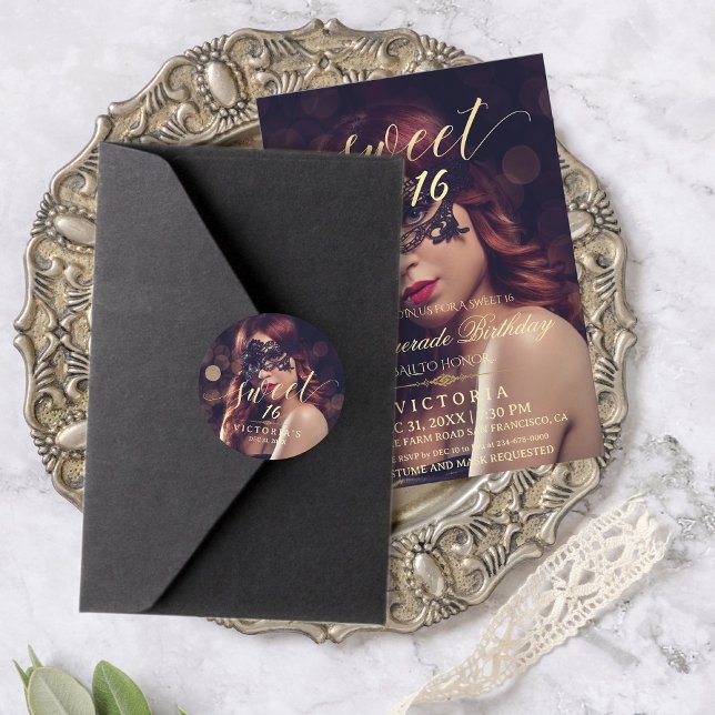 Masquerade Photo Sweet 16 Birthday Classic Round Sticker (Creator Uploaded)