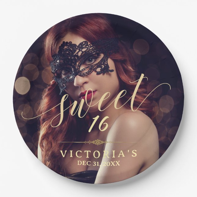 Masquerade Photo Sweet 16 Birthday Paper Plate (Front)
