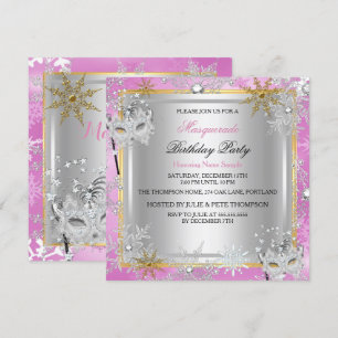 Masquerade Pink Gold Snowflakes Silver Masks Invitation