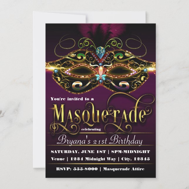 MASQUERADE Purple Colorful Mask Party Invitations (Devant)