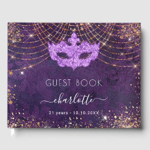 Masquerade purple gold glitter birthday guest book