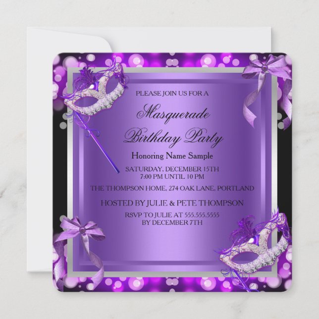 Masquerade Purple Pink Masks Birthday Party 2 Invitation (Front)
