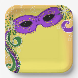 Masquerade Purple Yellow Mask Whimsical Stars Paper Plate