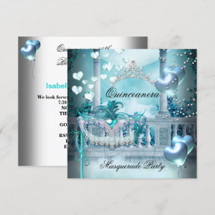 Masquerade Quinceanera 15 Teal Birthday Party Invitation