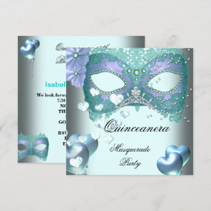 Masquerade Quinceanera 15 Teal Birthday Party Invitation