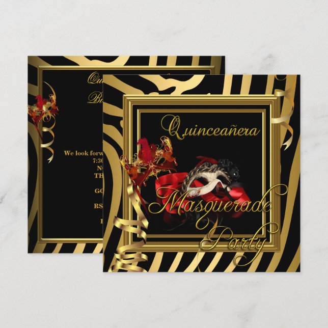 Masquerade Quinceanera 15 Zebra Red Birthday Party Invitation (Front/Back)