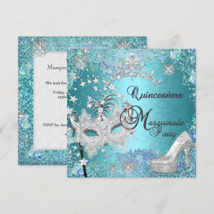 Masquerade Quinceanera 15th Party Blue Tiara Shoe Invitation