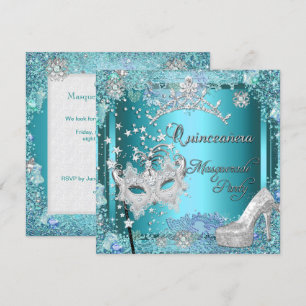 Masquerade Quinceanera 15th Party Blue Tiara Shoe Invitation