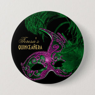 Masquerade quinceañera birthday green, pink mask 3 inch round button