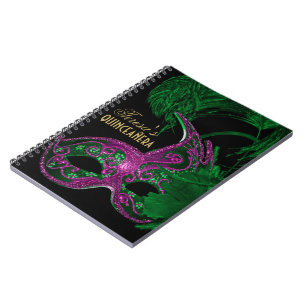 Masquerade quinceañera birthday green, pink mask notebook