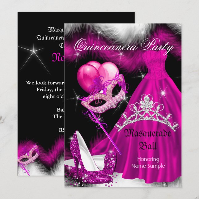 Masquerade Quinceanera Birthday Party Pink 3a Invitation (Front/Back)