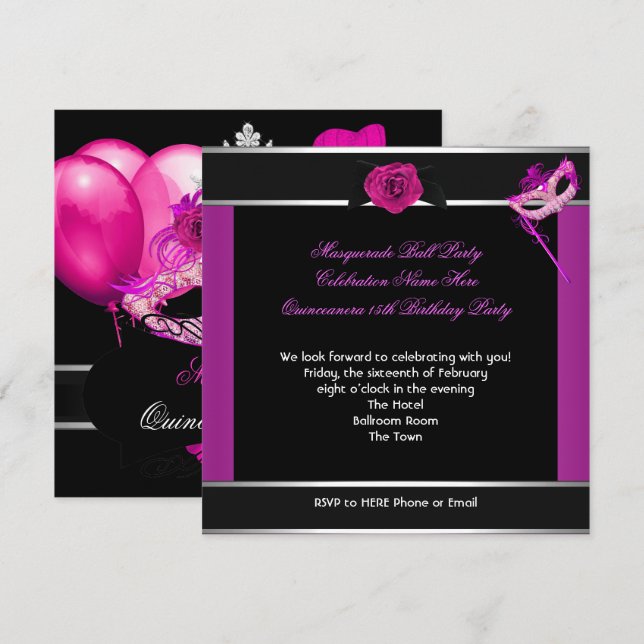 Masquerade Quinceanera Birthday Party Pink Invitation (Front/Back)