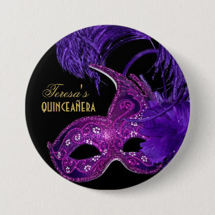 Masquerade quinceañera birthday pink, purple mask 3 inch round button