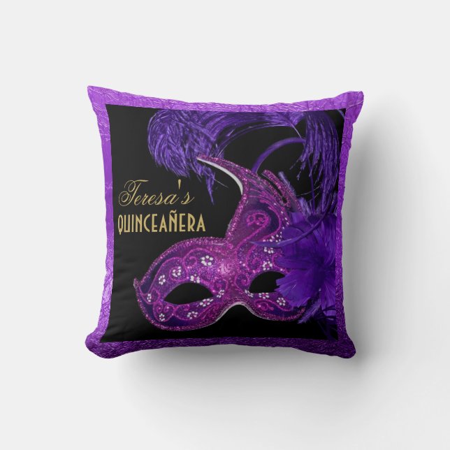 Masquerade quinceañera birthday pink, purple mask throw pillow (Front)