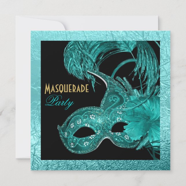 Masquerade quinceañera birthday turquoise mask invitation (Front)