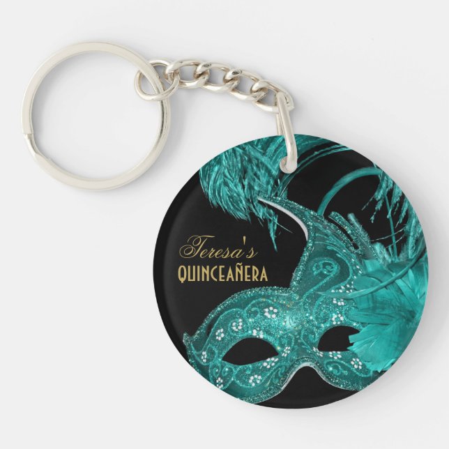 Masquerade quinceañera birthday turquoise mask keychain (Front)
