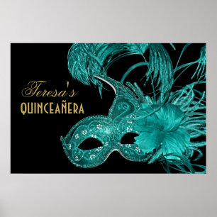 Masquerade quinceañera birthday turquoise mask poster