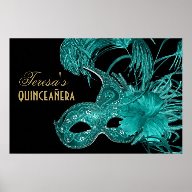 Masquerade quinceañera birthday turquoise mask poster (Front)
