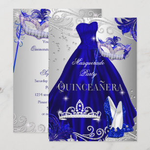 Masquerade Quinceanera Blue Silver Dress Heels Invitation