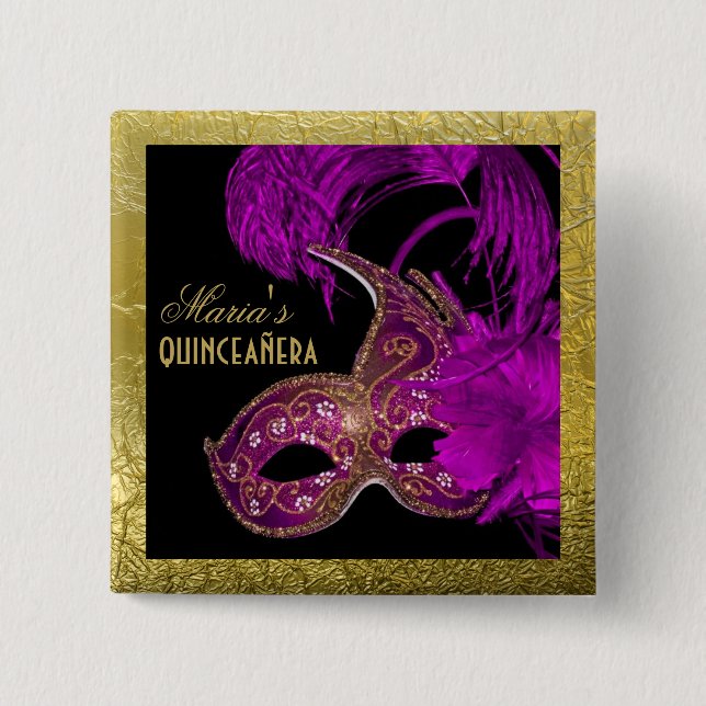 Masquerade quinceañera fifteenth birthday purple 2 inch square button (Front)