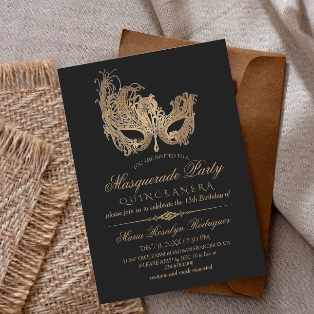  Masquerade Quinceanera Gold & Black  Invitation (Creator Uploaded)