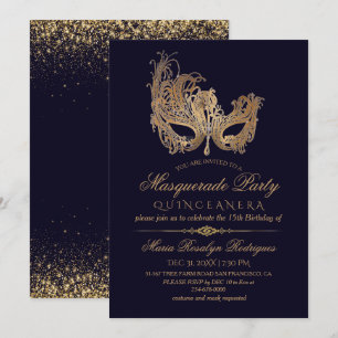  Masquerade Quinceanera Gold & Blue Invitation